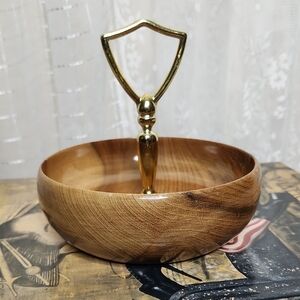 Vintage Midcentury Oregon Myrtlewood nut or candy dish with a gold-tone handle